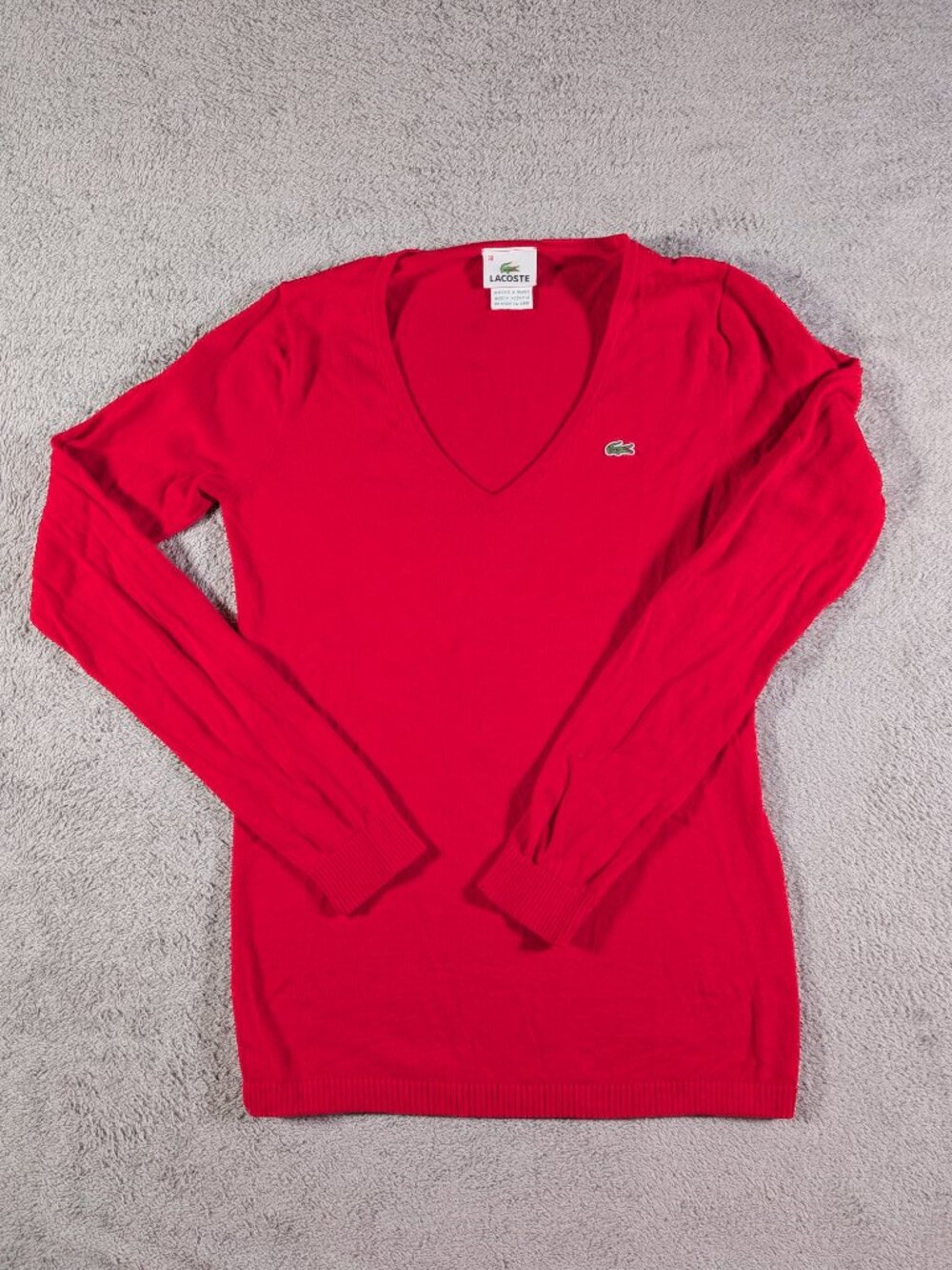 Lacoste Women's Red 100% Cotton V-Neck Sweater Size 38 (S/M) - Picture 5 of 11